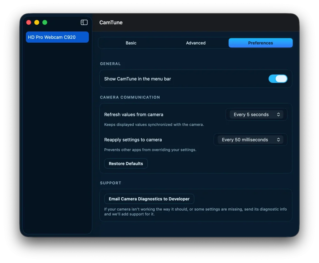 camtune webcam settings preferences